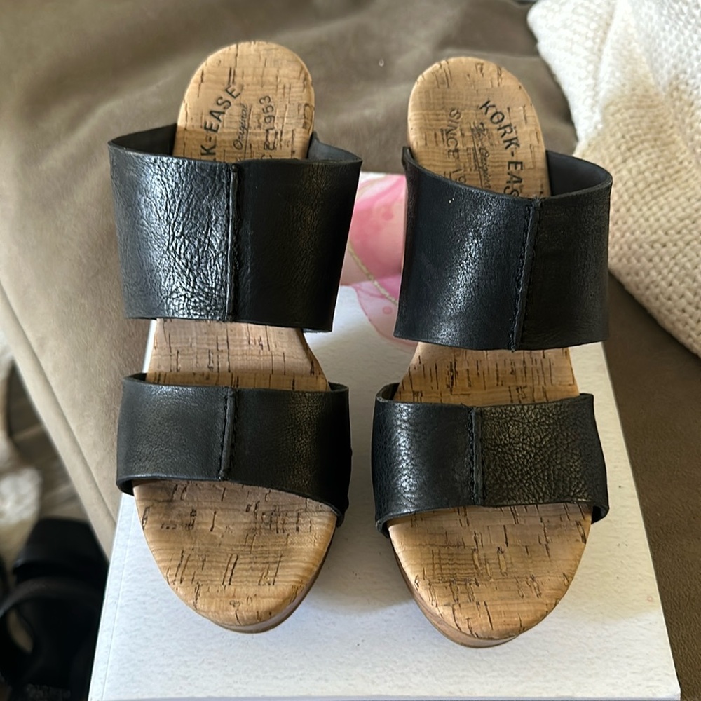 Kork-Ease Black Leather Double-Band Cork Slide Sandals